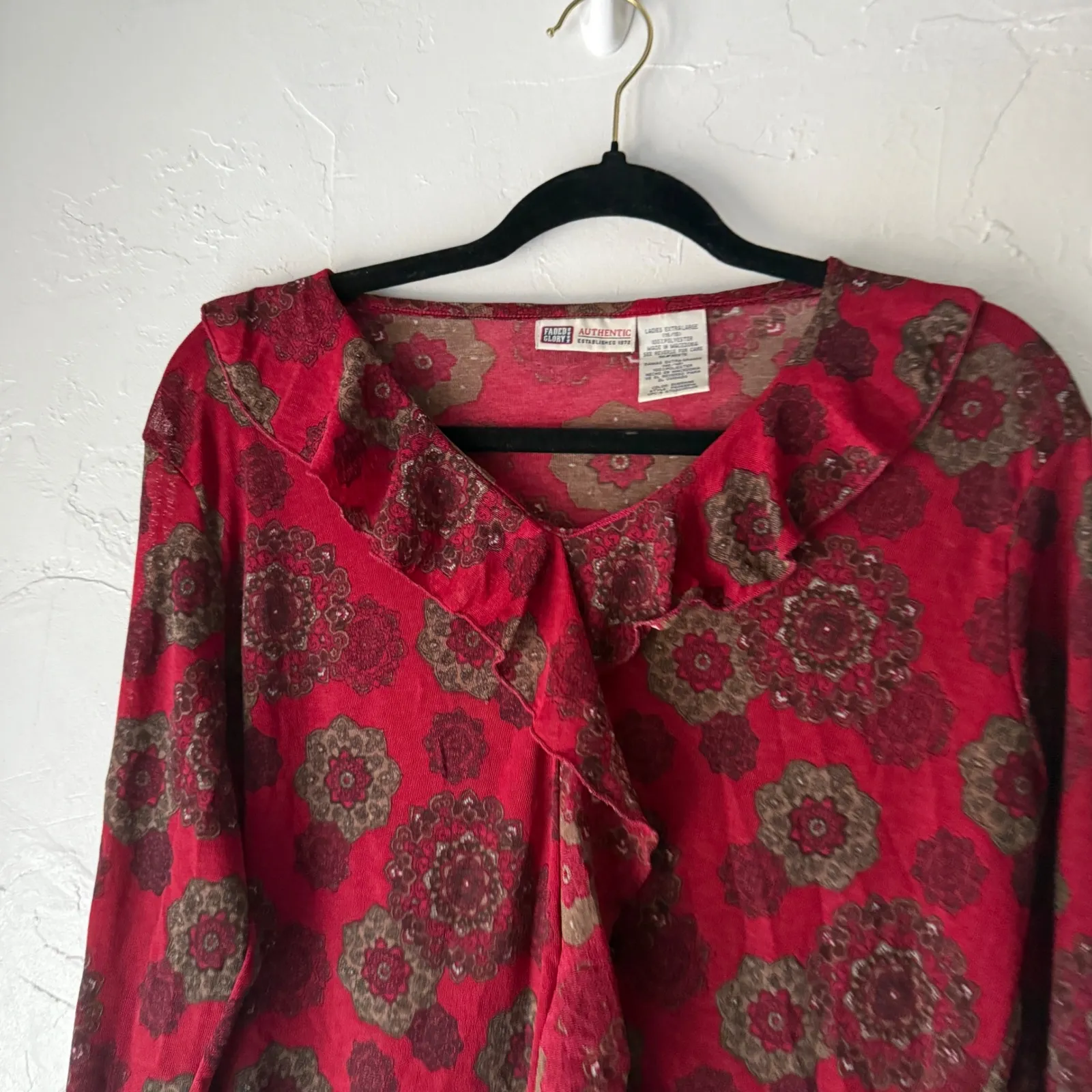 Faded Glory Y2k‎ Red Floral Ruffle Trim Long Sleeve Top XL Whimsioght Grunge - Image 2