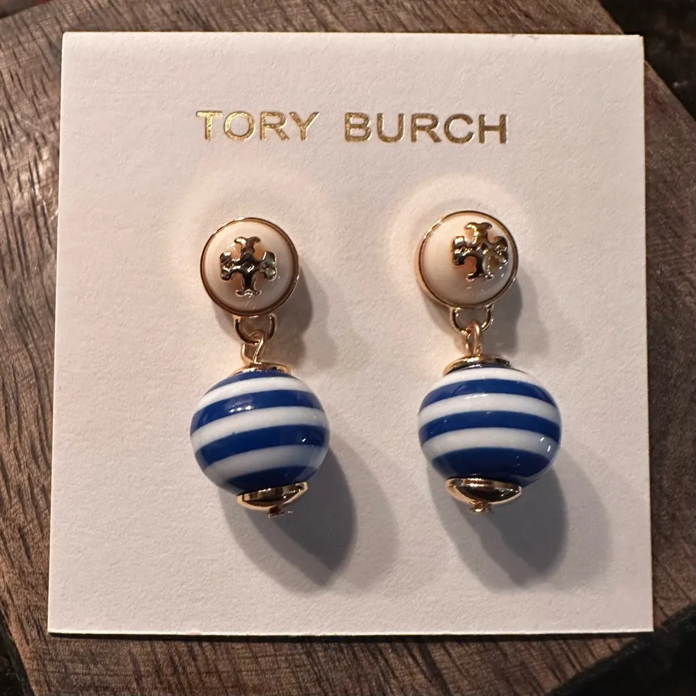 NWOT Tory Burch Saher Logo Drop Earrings, Blue Stripe - Image 2