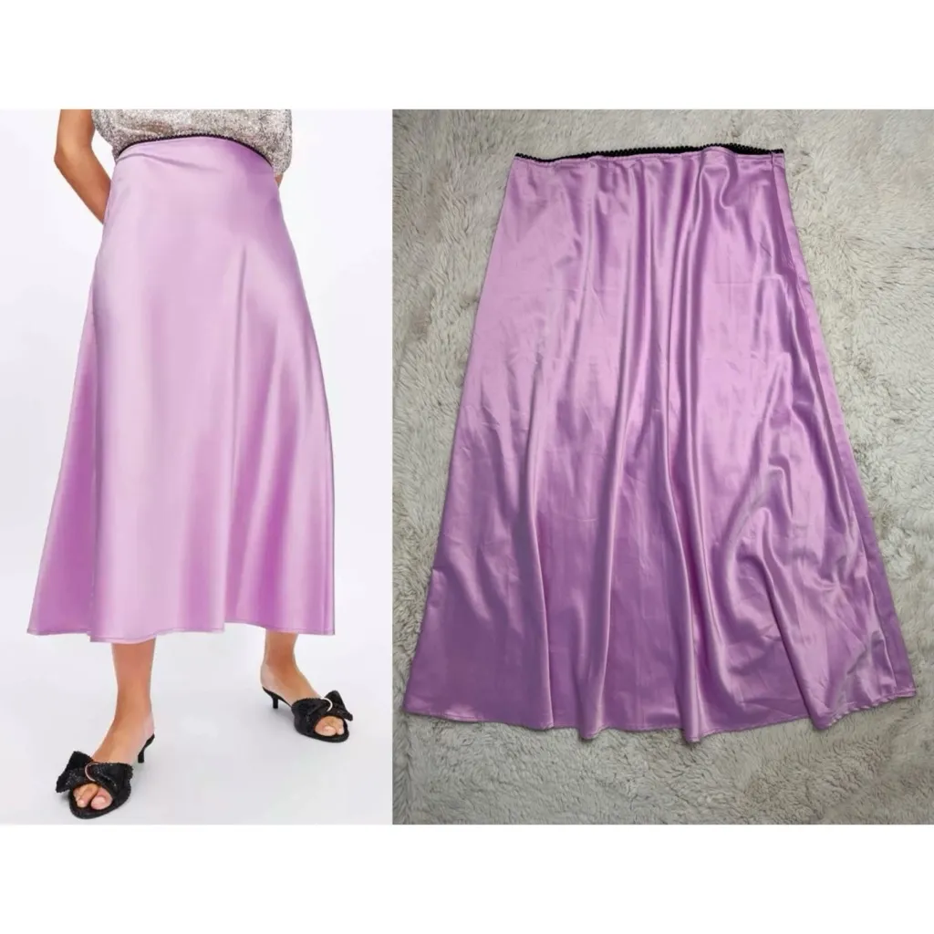 Zara Lavender Purple Satin A-Line Midi Skirt Black Contrast Trim Size L - Image 2