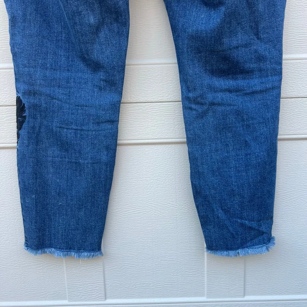 a.n.a Black Floral Embroidered Denim Skinny Ankle Jeans Raw Hem Size 10 - Image 6