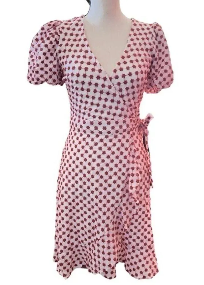 Draper James RSVP Embroidered Wrap Dress Red White Puff Sleeve Floral Size XS - Image 3