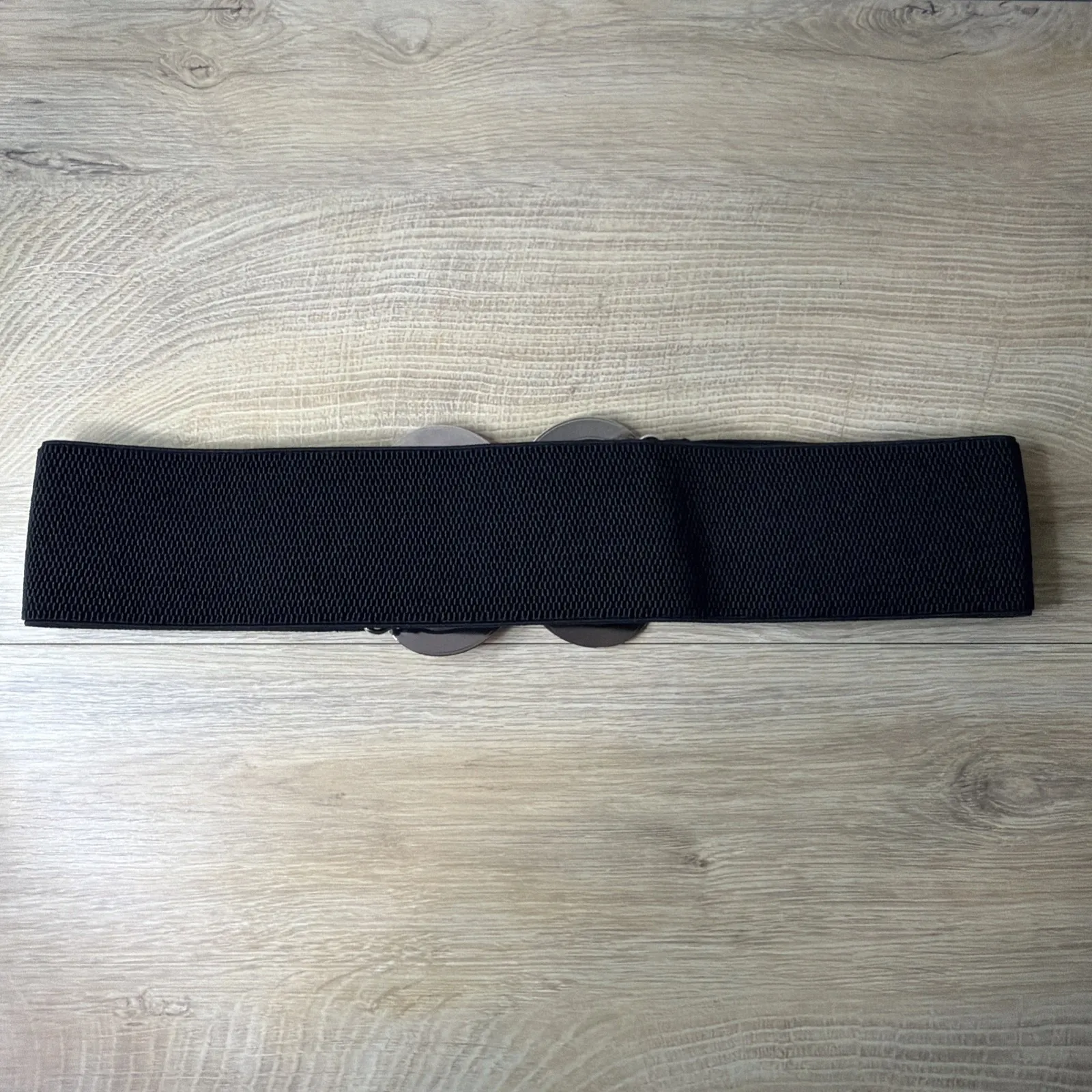 Belt L/XL Black Wide Elastic Cinch Silver Leaf Flower Buckle Retro Glam Goth - Image 5