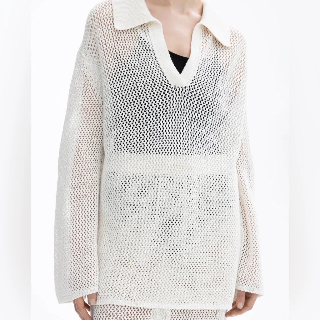 House of Dagmar Linen Crochet Knit Polo Sweater Top in Off - Image 3