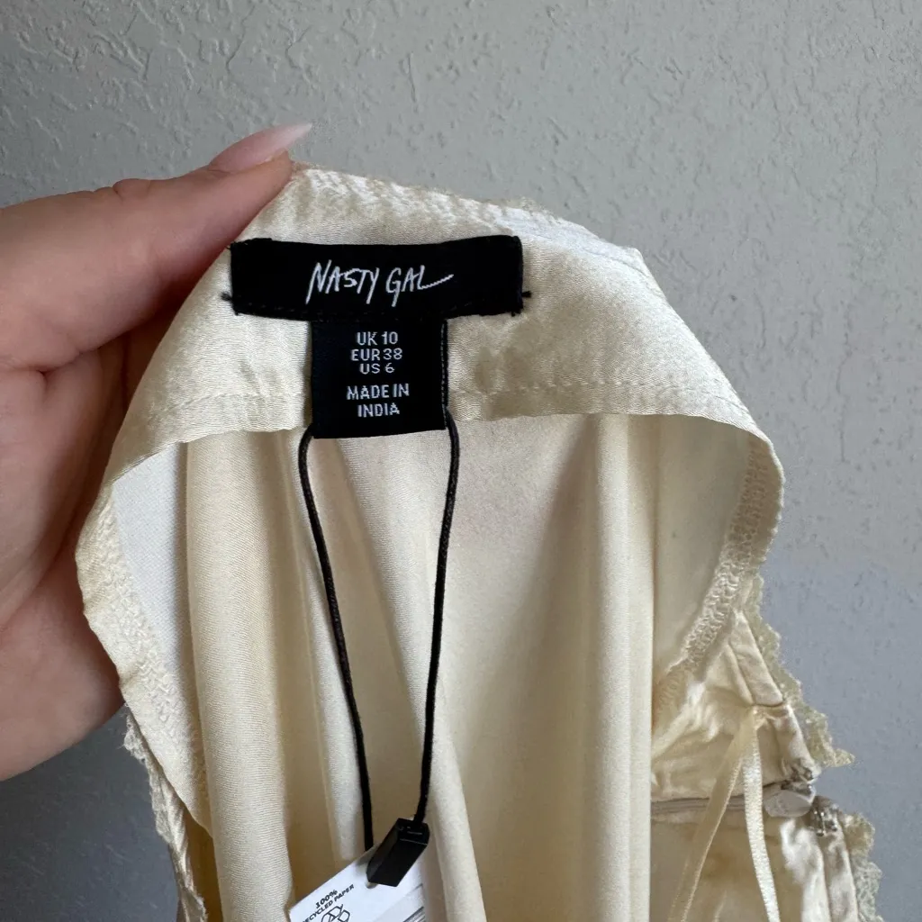NWT Nasty Gal Cream Satin Applique Midi Skirt Co-Ord Womens 6 Lace Split Hem - Image 5