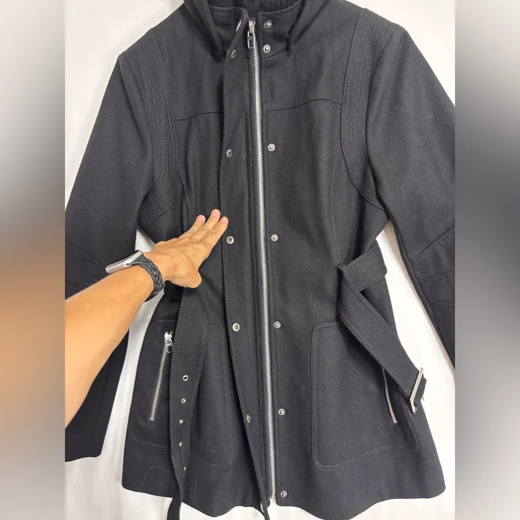 Apt 9 Wool Coat Womens L Hooded Black Belt Zipper/Snap Closure Office Industrial - Image 2