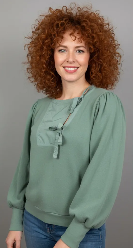 ULLA JOHNSON Alba Seafoam Green 2 Tie Front Puff Sleeve Sweatshirt Top XL - Image 1