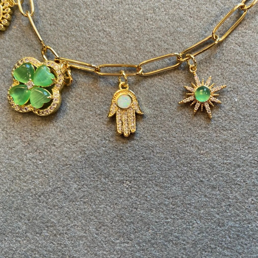 Lucky Charm Necklace Green accents, 5 Charms, gold‎ tone hardware, feels solid - Image 5