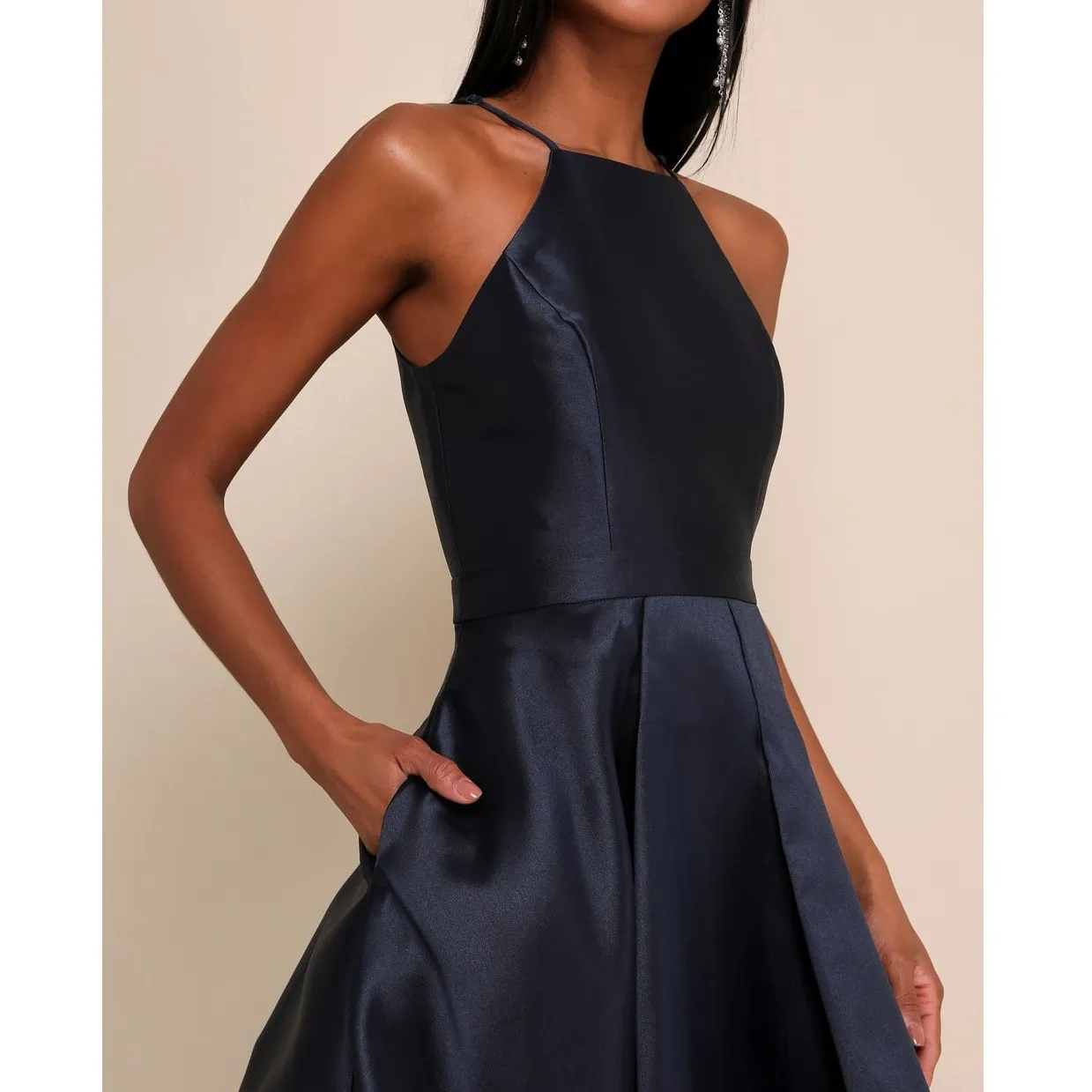 Lulus NWT Broadway Show Navy Blue High-Low Taffeta Pleated Gown Dress Medium - Image 4