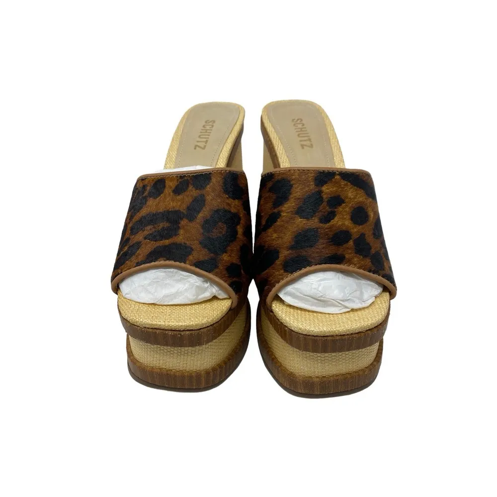 Schutz Dalle Platform Wedge Sandals 9 Wild Leopard Print Open Toe Slip On Casual - Image 4