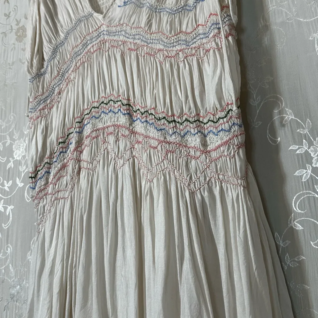 Free People Anthropologie Adella Smocked Mini Dress Ivory White Boho Flowy SMALL - Image 8