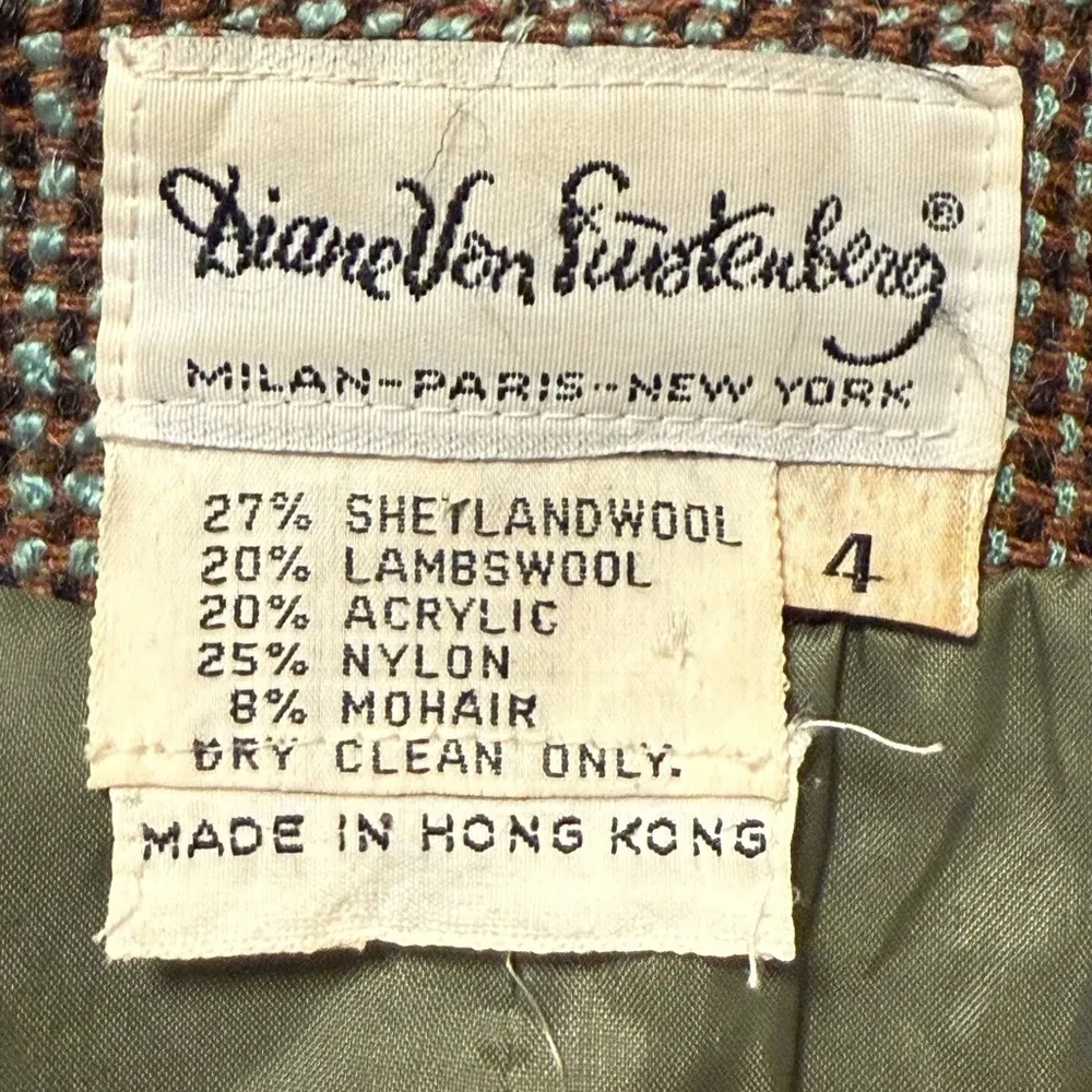 Diane Von Furstenberg Vintage Tweed Blazer‎ Mohair Wool Blend Green Brown Size 4 - Image 7
