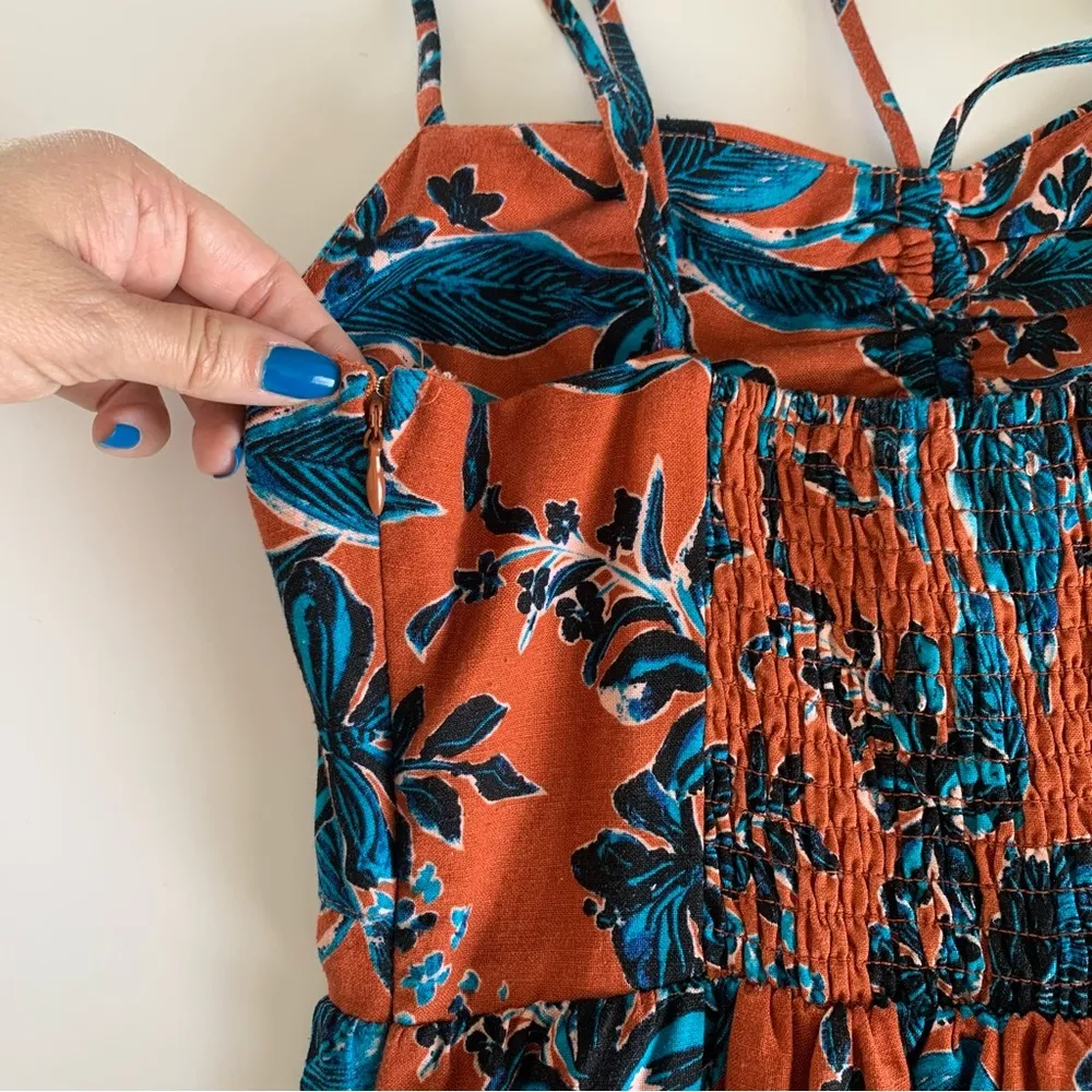 Jason Wu Terracotta and Teal Floral Linen Blend Boho Tropical Midi Dress Small - Image 10