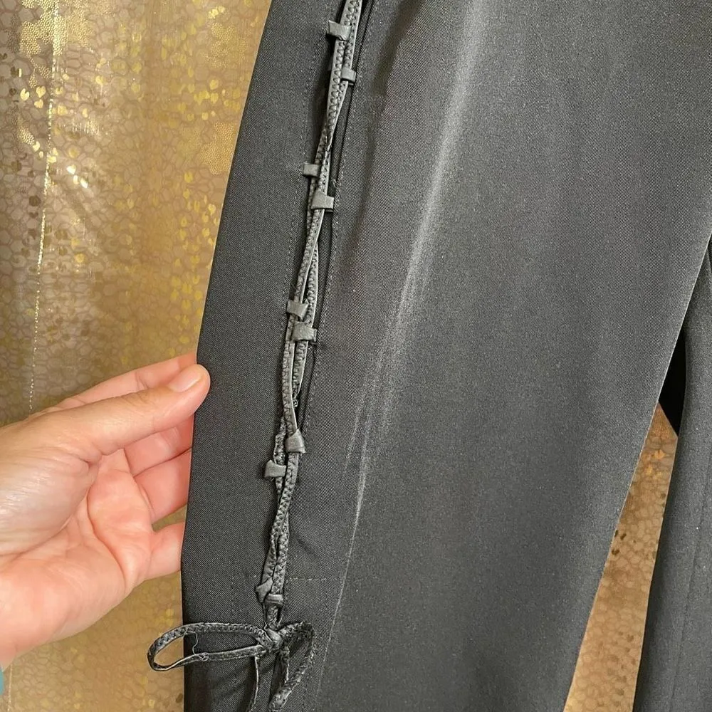 Retro Black Lace Up Side Tie Slit Pants, Small - Image 4
