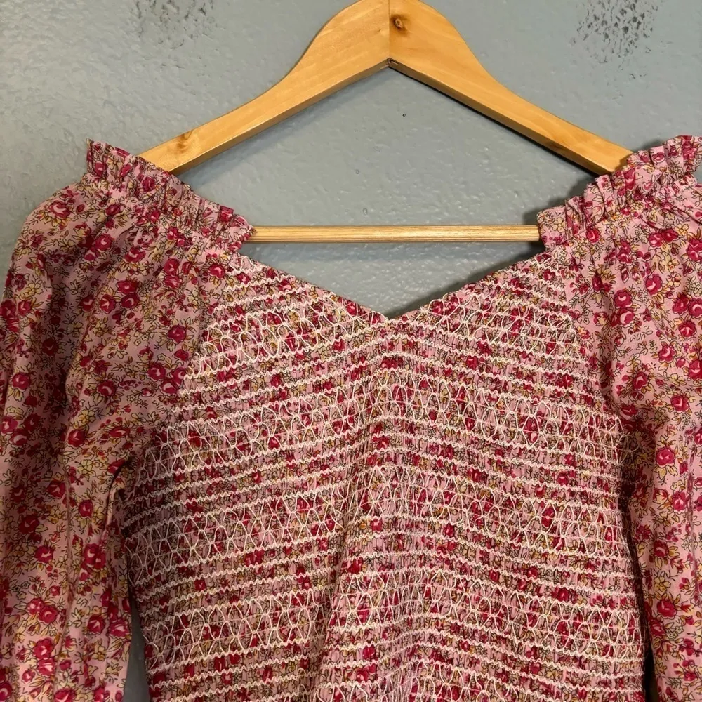 Anthropologie Ranna Gill Floral Pink Smocked Long Sleeve Blouse Size XS Feminine - Image 9