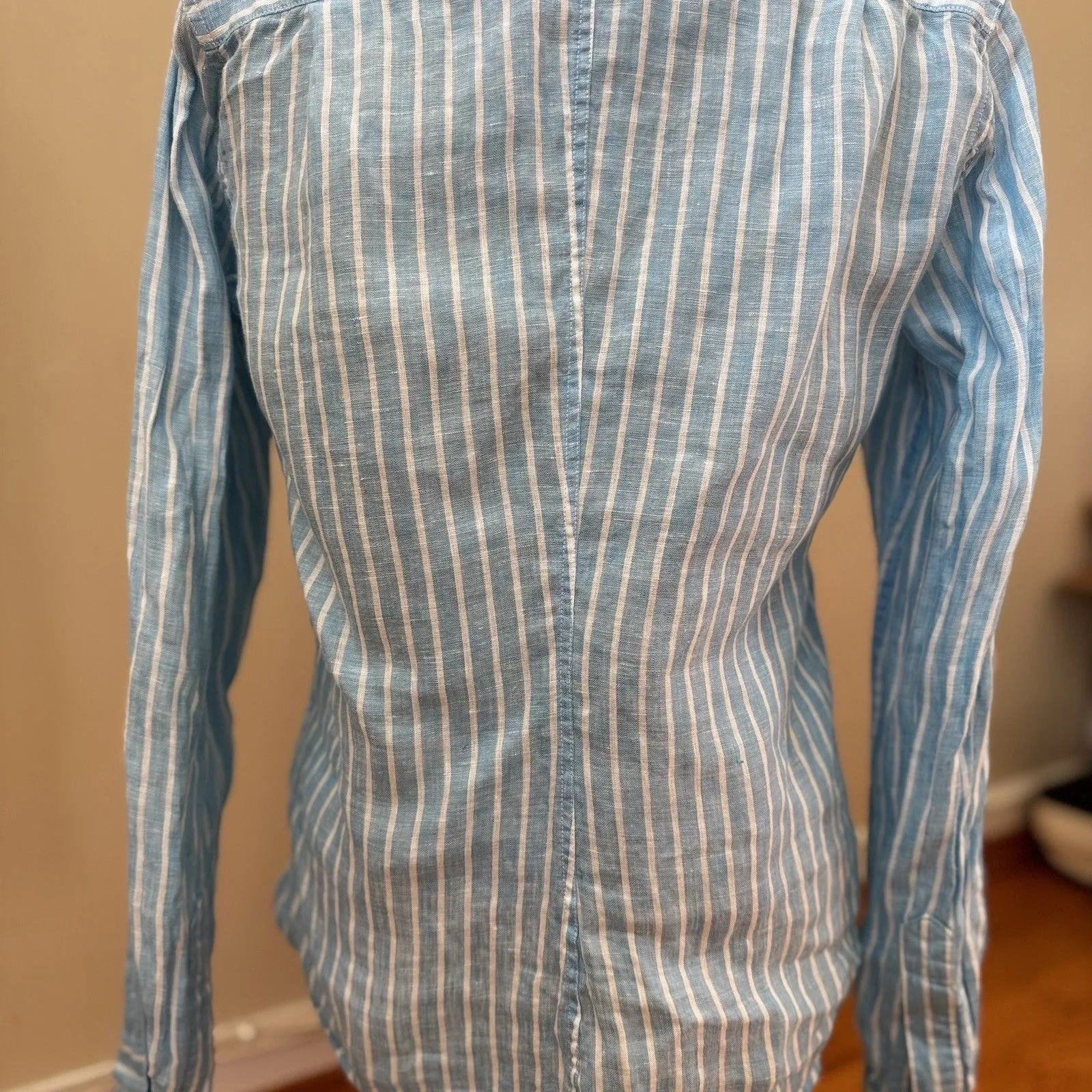 Frank & Eileen Barry Tailored Button Striped Shirt S READ Preppy Coastal Linen - Image 13