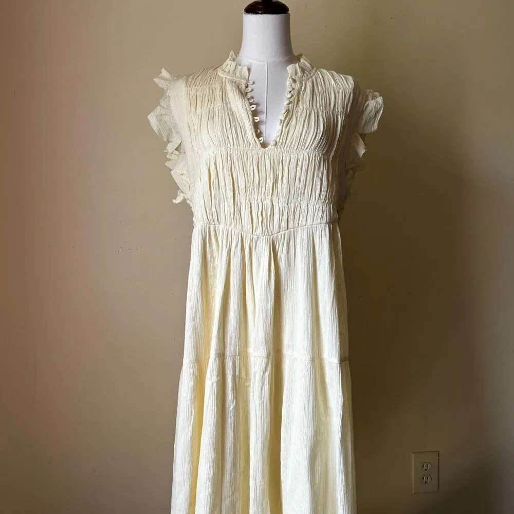 Ba&sh Noah Shirred Cotton Gauze Midi Dress Yellow Ruffle Sleeve Prairie Boho 10‎ - Image 10