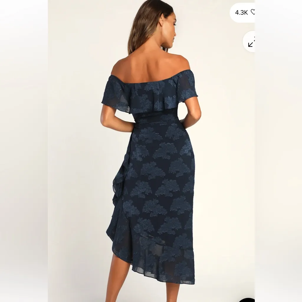 Lulus Pretty Perfect Navy Floral Burnout Off The Shoulder Midi Dress Medium Blue - Image 2