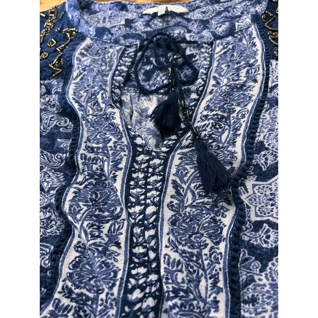 Lucky Brand Womens Top Size XS Blue Beaded Floral‎ Peasant Tassel Ties V-Neck - Image 11