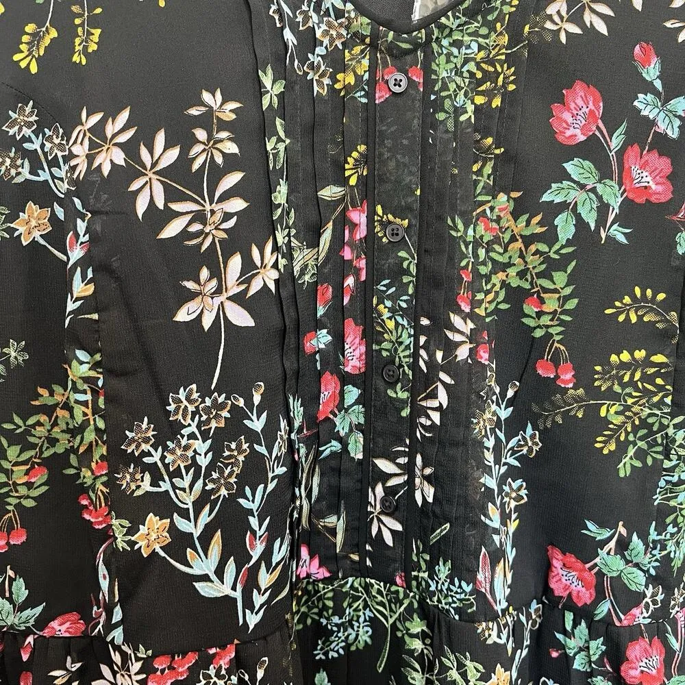 Woman Within Plus 26W Dress Midi Shear Black Floral Ruffle V-Neck Short Sleeve - Image 3