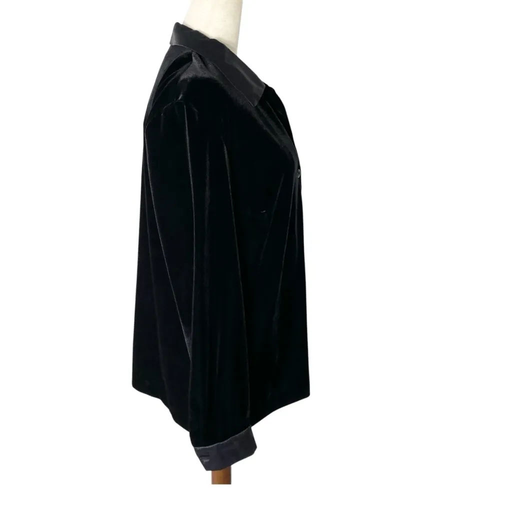 VINTAGE 90s ELLEN FIGG Black Velvet Shirt with Satin Trim Size 12 - Image 4
