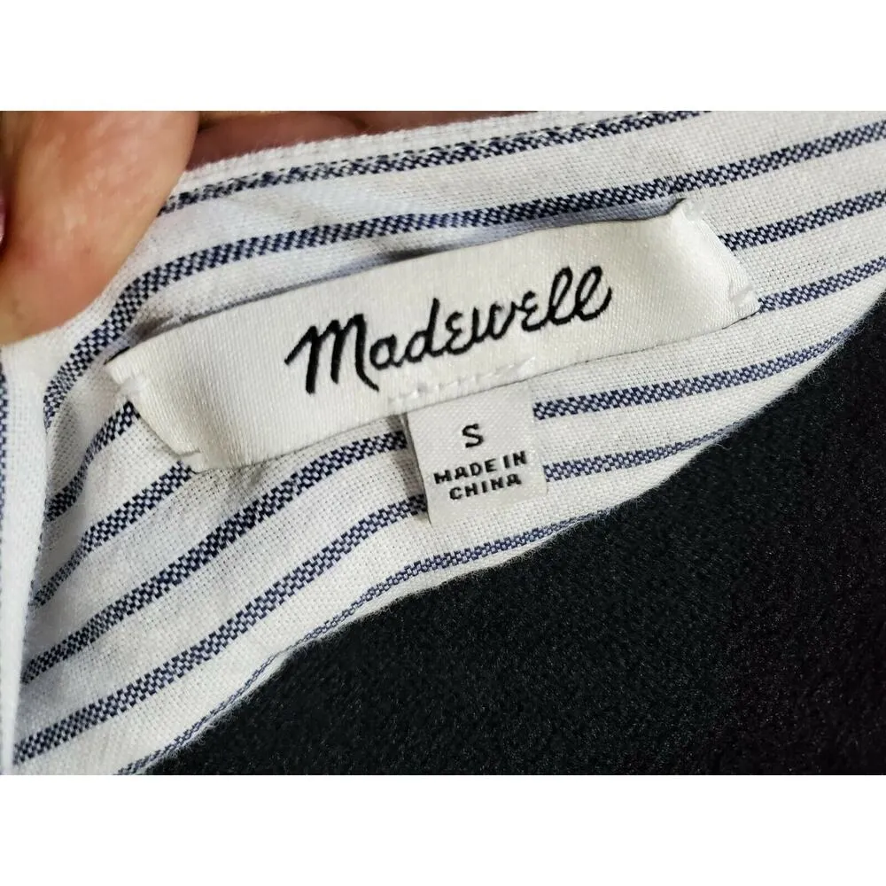 Madewell Women's White & Blue Cotton Square Neck Short Sleeve Blouse Size Small - Image 8