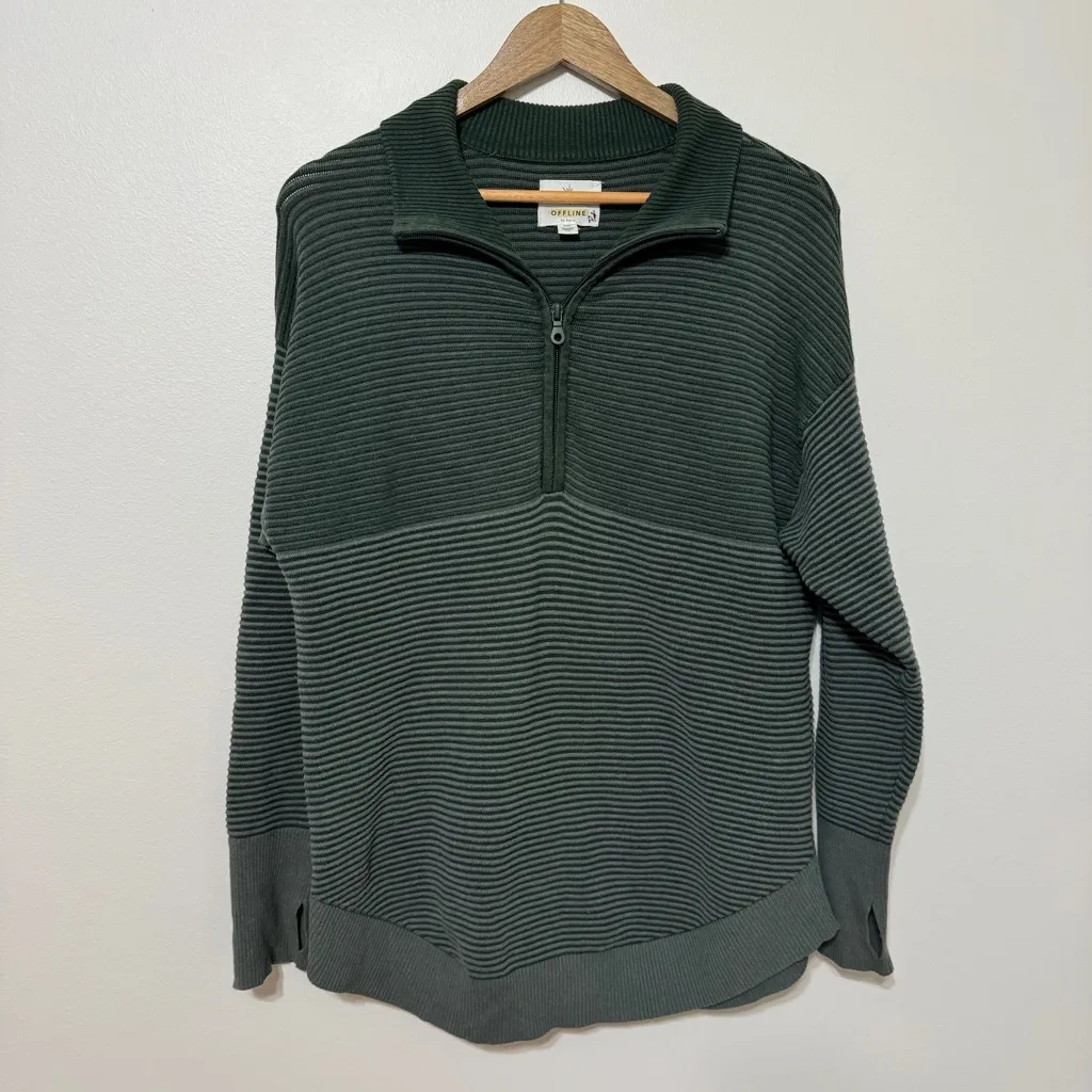 Aerie Offline Home Stretch Quarter Zip Sweater Ribbed Green Oversized Size Small - Image 2
