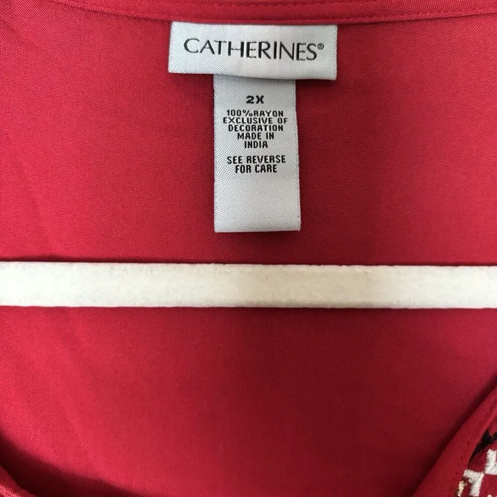 Catherines Tunic Top Womens 2X Red Boho Embroidered Trim Cold Shoulder Blouse - Image 7