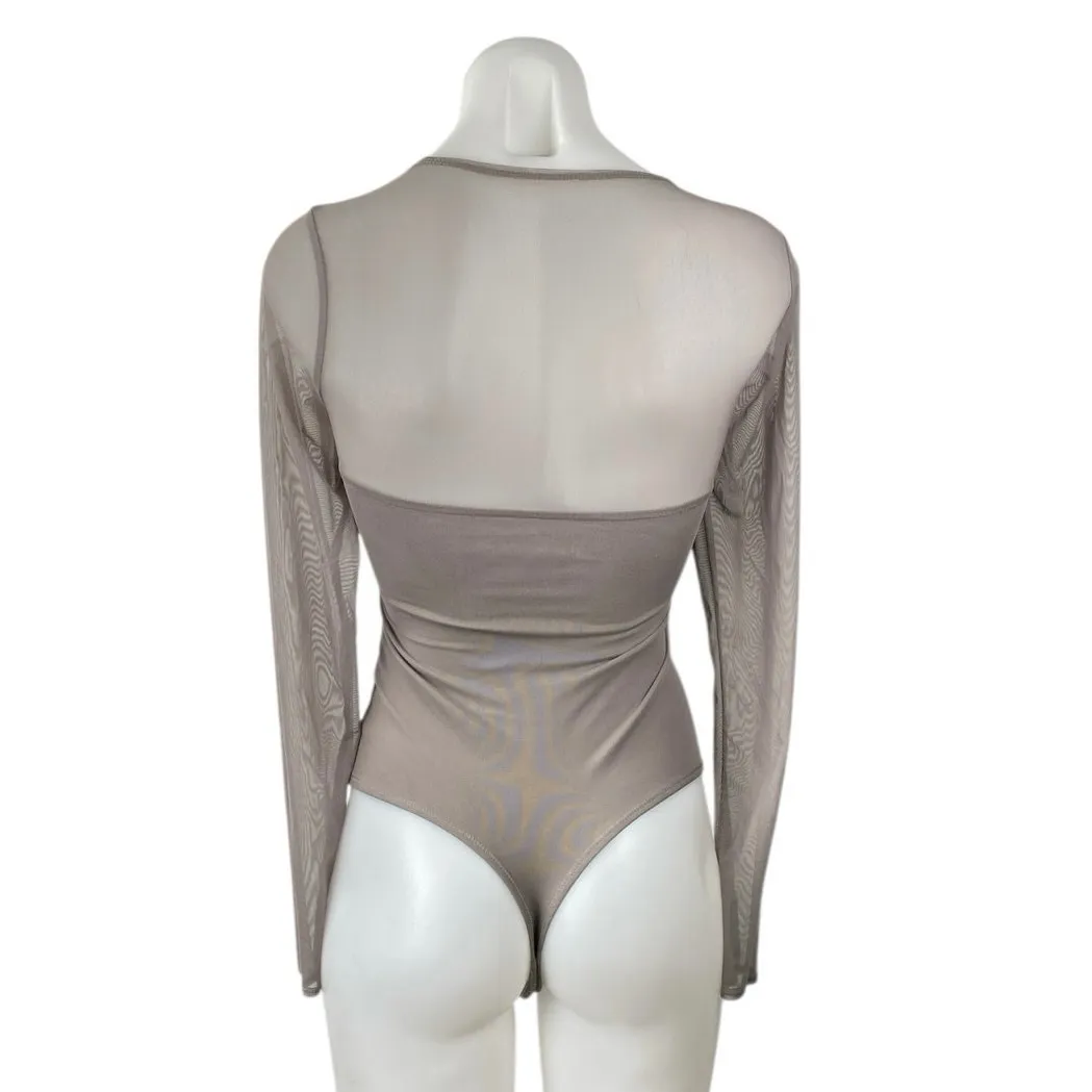 Abercrombie & Fitch Gray Tan Mesh Long Sleeve Square Neck Corset Bodysuit Top S - Image 3