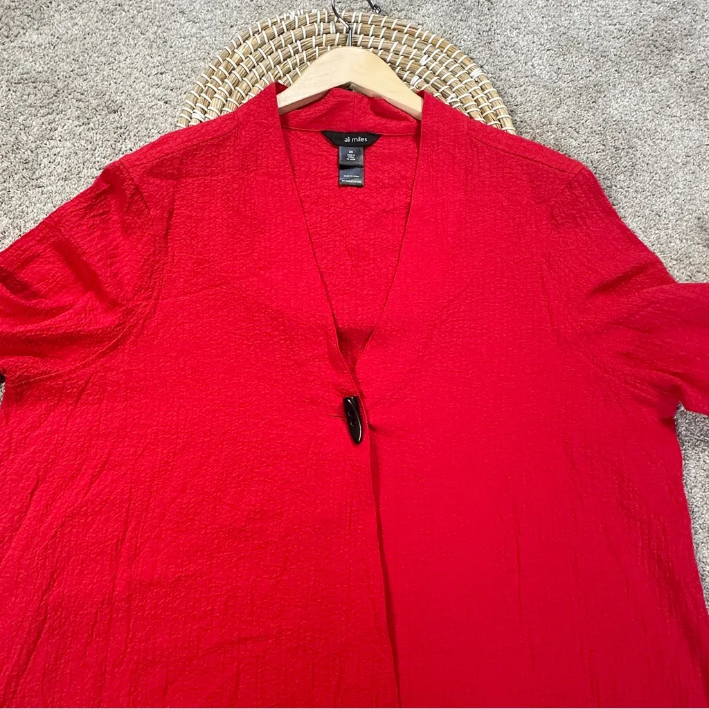Ali Miles Women’s Cardigan Blouse Top Crinkle 3/4 Sleeve Artsy Holiday in Red 2X - Image 2