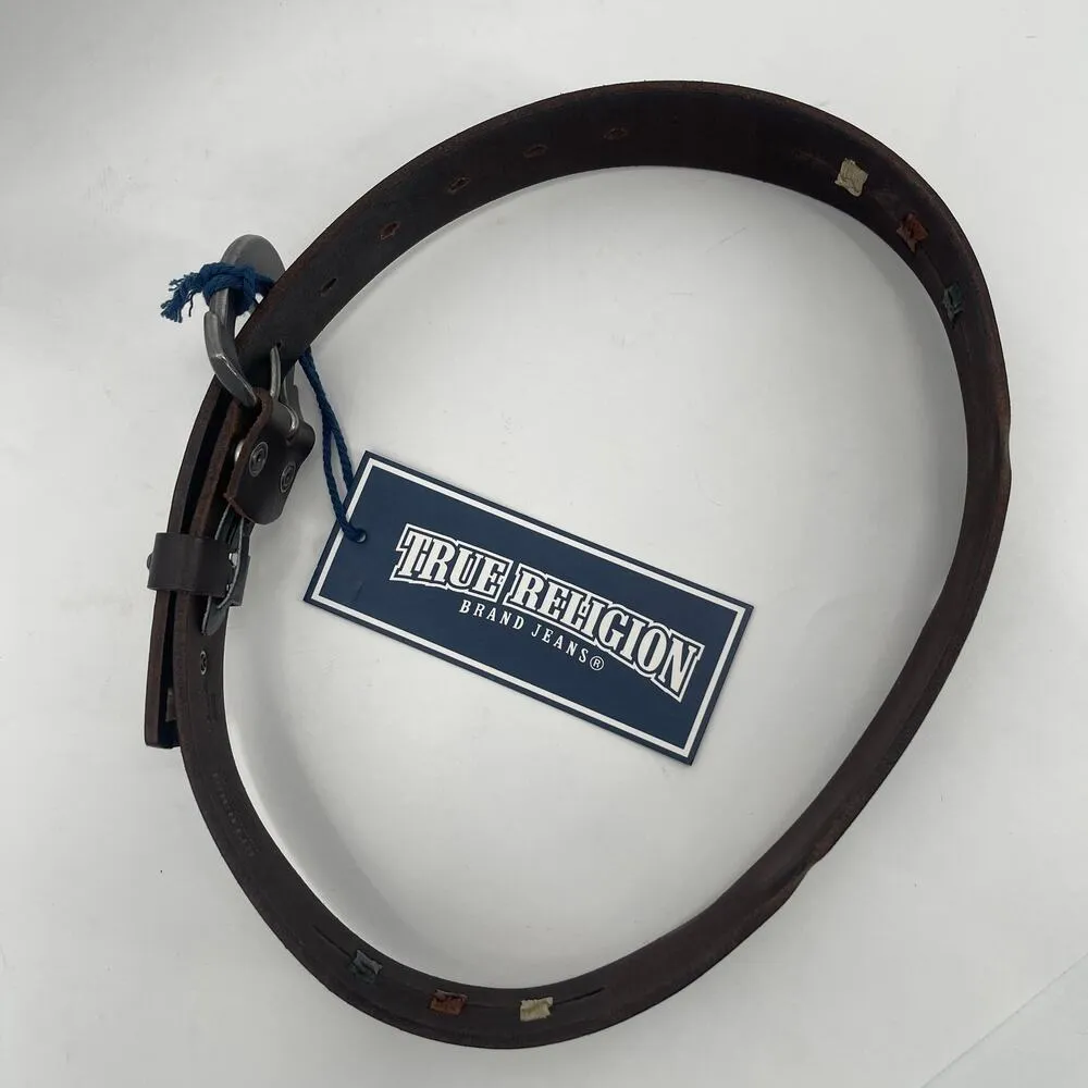 TRUE RELIGION Belt Size 22 NWT Brown Leather Stitch Detail Womens Buckle - Image 9