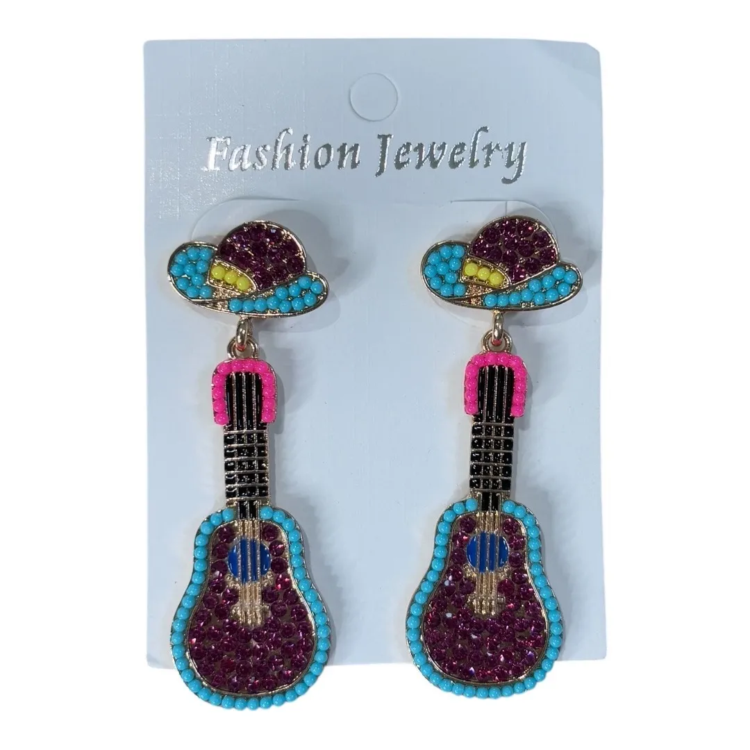 Guitar Earrings Beaded Rhinestone Dangle Drop‎ Western Cowboy Hat New Pink - Image 4