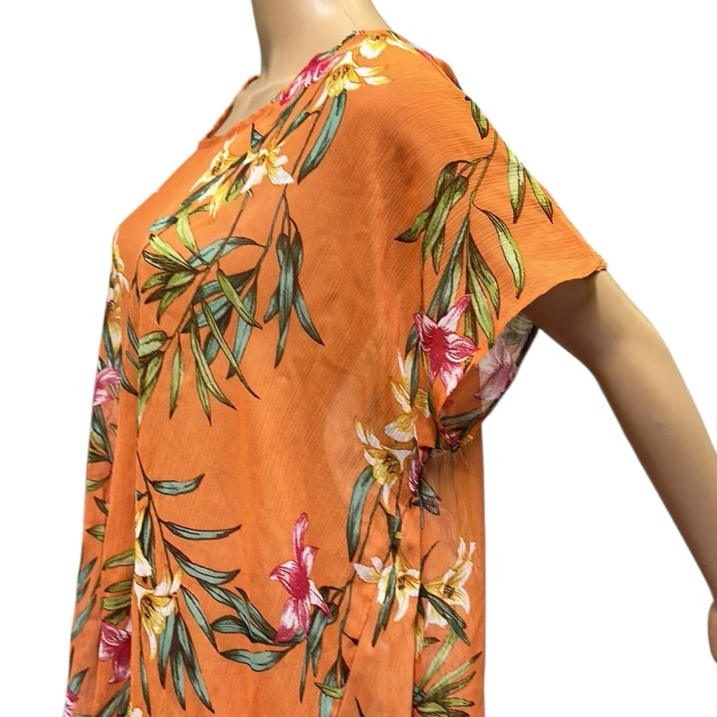 Lily White Orange Floral Print High Low Tunic Blouse Semi Sheer Womens Large - Image 6