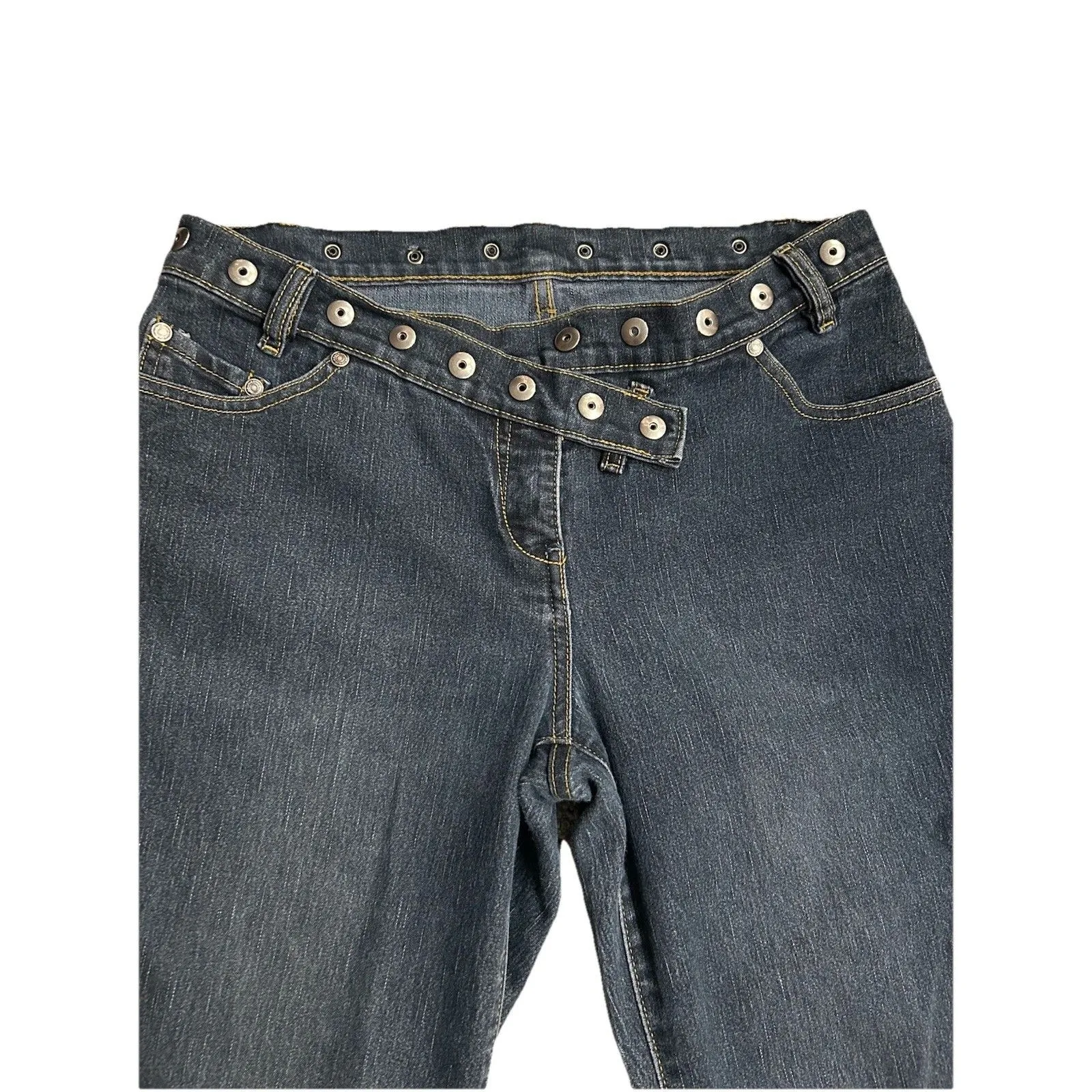 Women’s Low Rise 90’s Y2K Studded Crossover Waistband Flare Dark Jeans Sz 31 / 9 - Image 2
