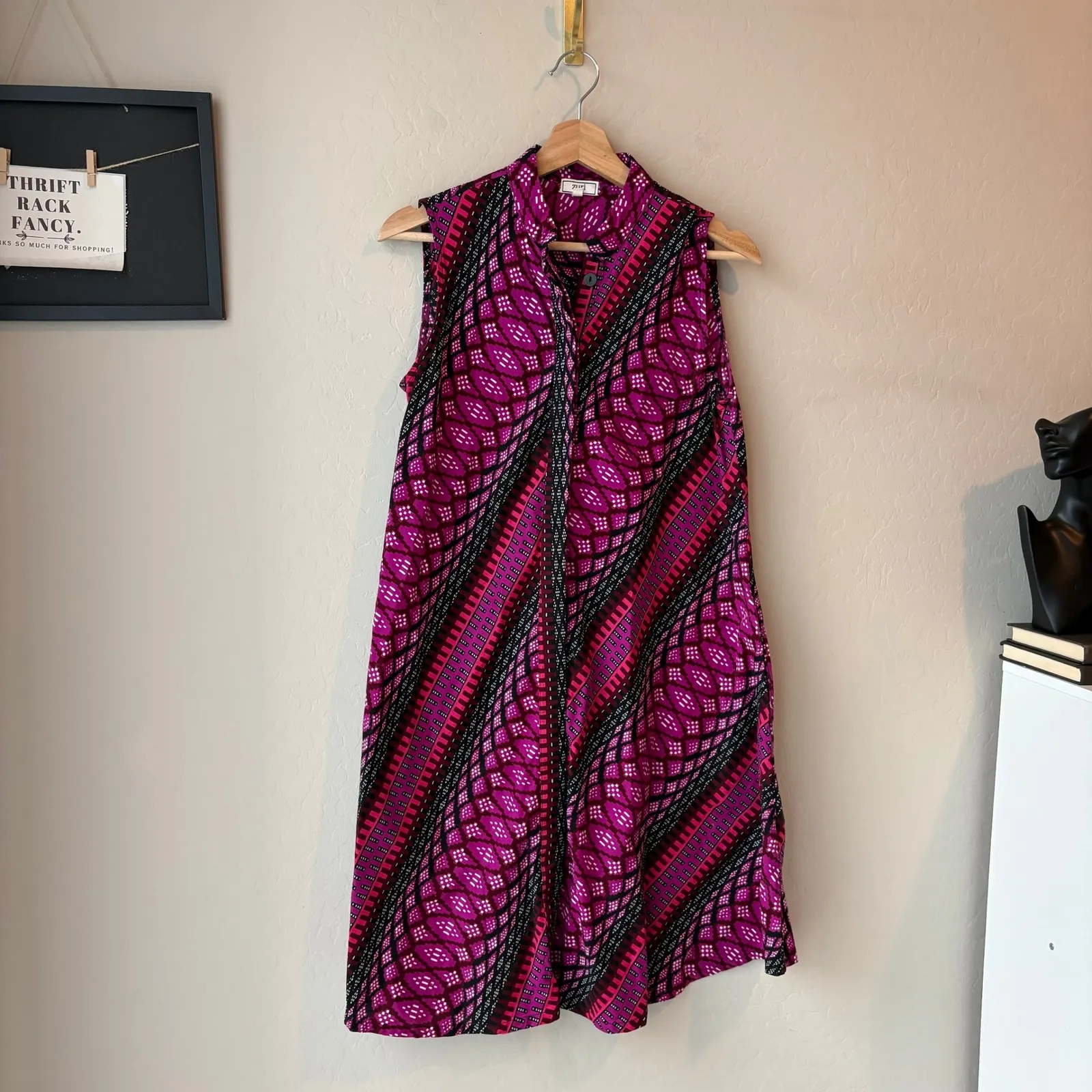 Zuri Kenya Dress Pink Geometric Print Sleeveless Button Up Shirt Dress Size XS Purple - Image 2