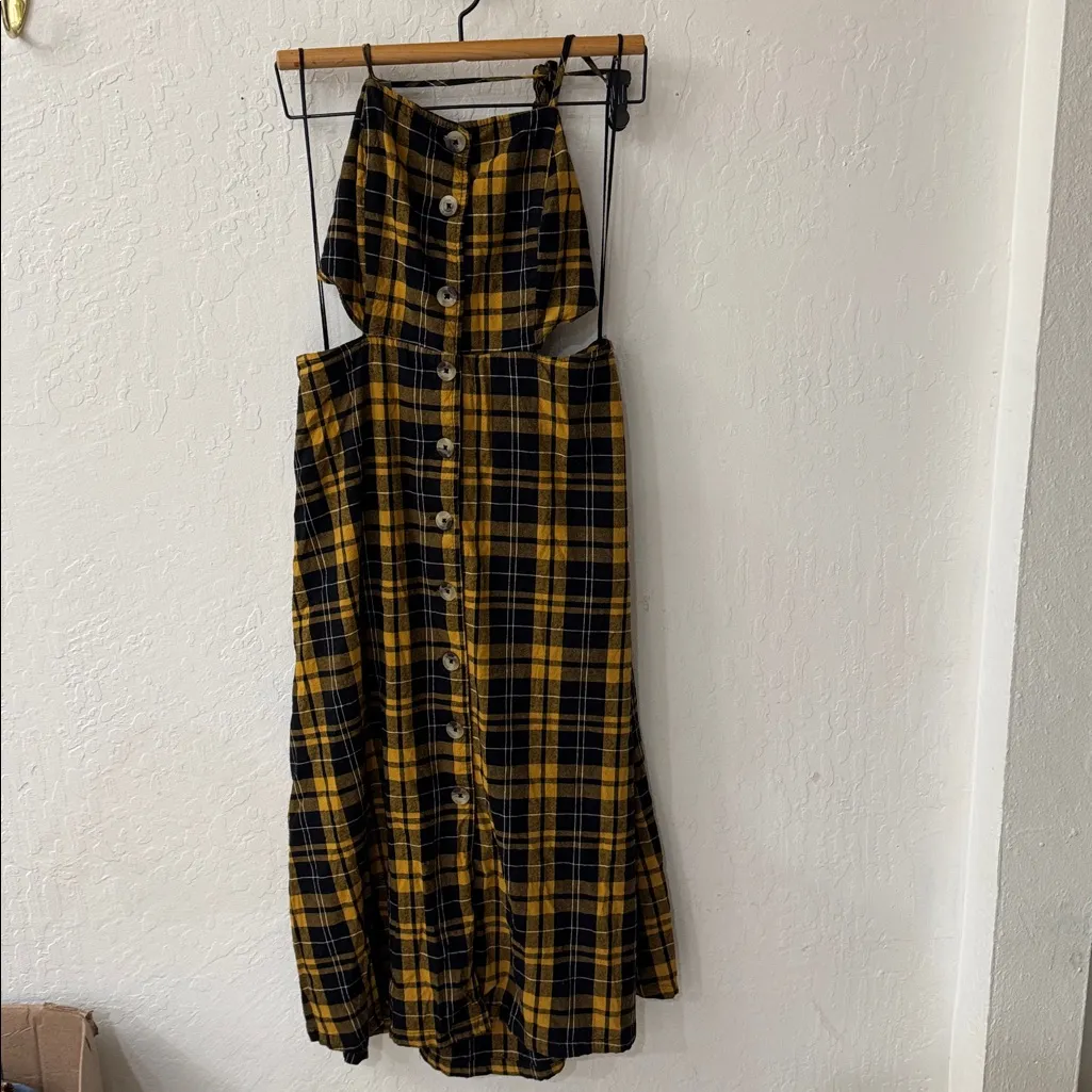 Urban Outfitters Yellow Black Plaid Button Open Back & Sides Midi Dress Size XL - Image 4