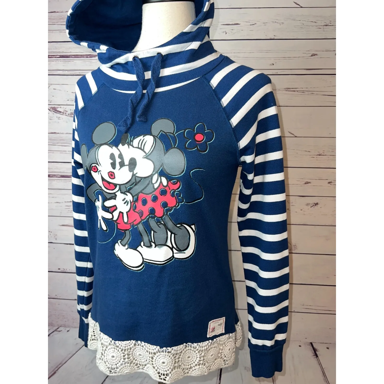 Disney Parks Sweatshirt Mickey Minnie‎ Small Hoodie Stripe Nautical Crochet Lace - Image 4