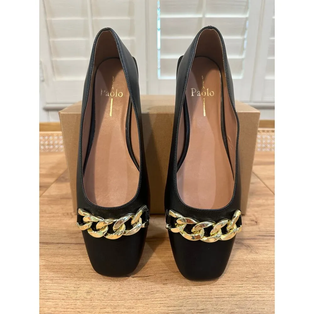 Linea Paolo Natalie Black Flats Size 7 NWOB Gold Chain Detail Unique Heel - Image 5
