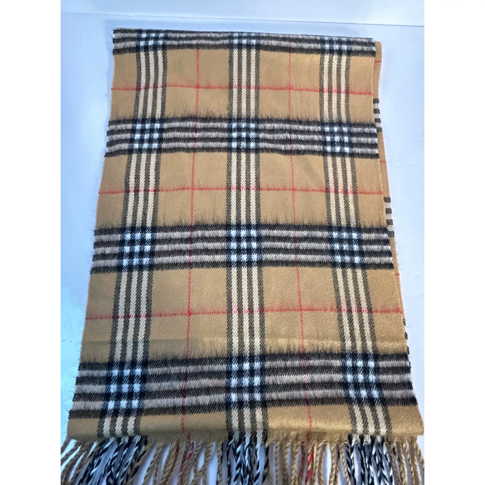 100% Cashmere Tartan Plaid Scarf Made in Scotland Tan - Image 6