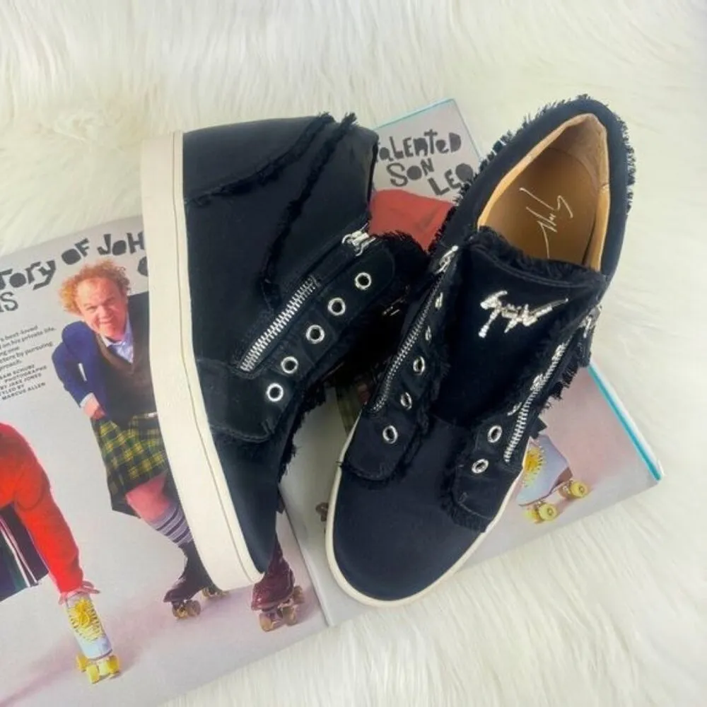 Women’s Giuseppe Zanotti Black Satin Frayed Edge Wedge Sneakers Shoes EU38 US7 - Image 2