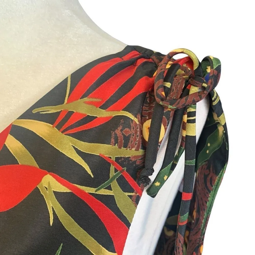 Vintage 90s Maxi Dress Black Red Tropical Dark Floral Print Sleeveless Vneck Size 10P - Image 3