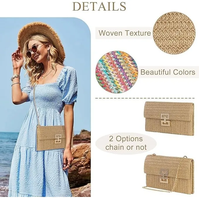Straw Clutch Purses Women Summer Beach Handbags Boho Woven Khaki With Chain - Image 2