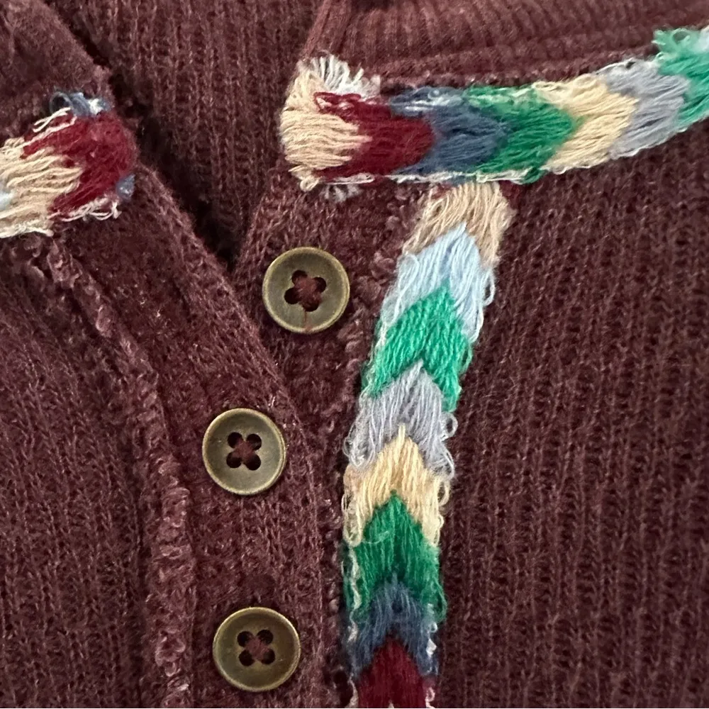 Free People Rainbow Long Sleeve Henley Tee Wine Size Small Waffle Knit - Image 8