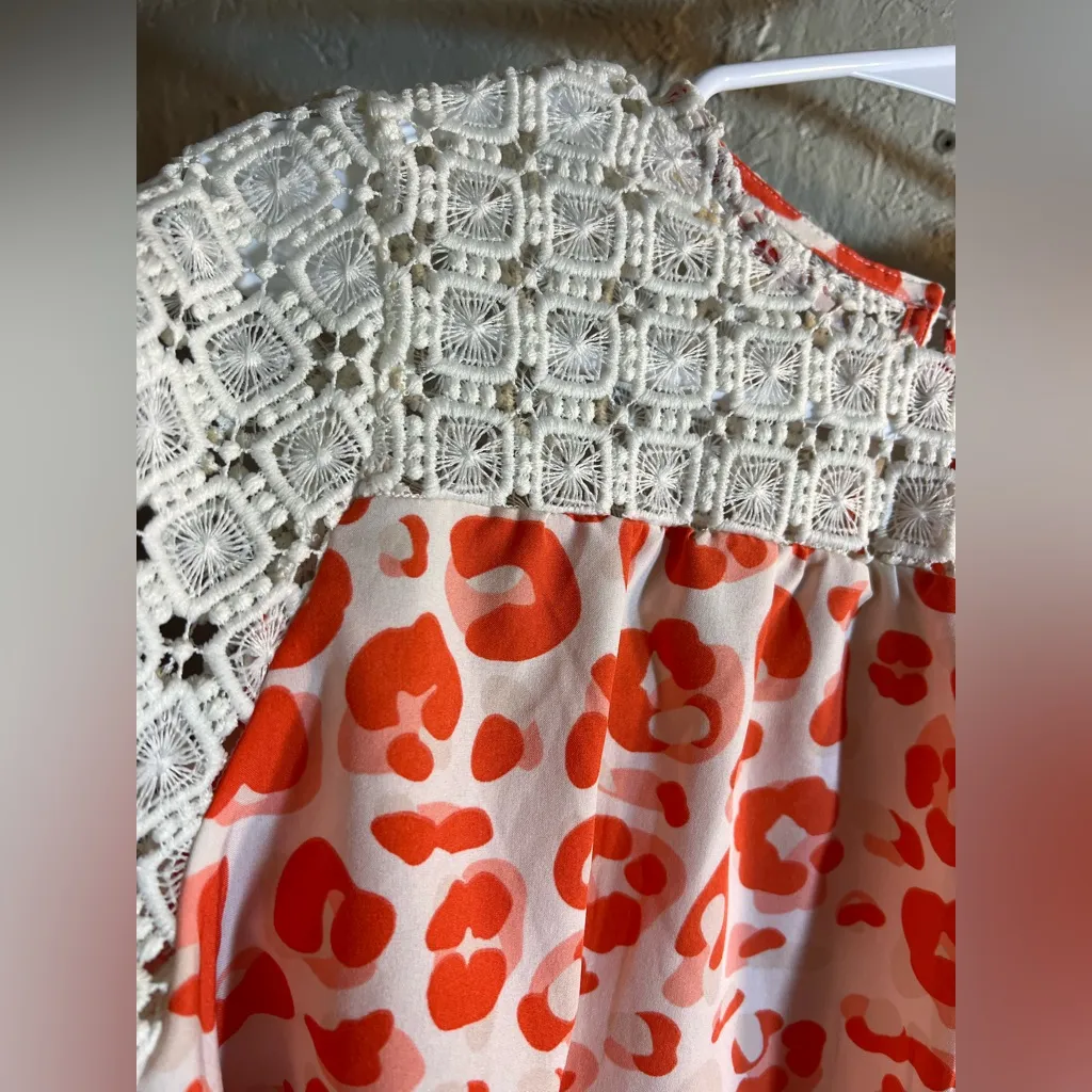 Coral White Pink Leopard Print Blouse sz M crochet flowy colorful bell sleeve Orange Size M - Image 5