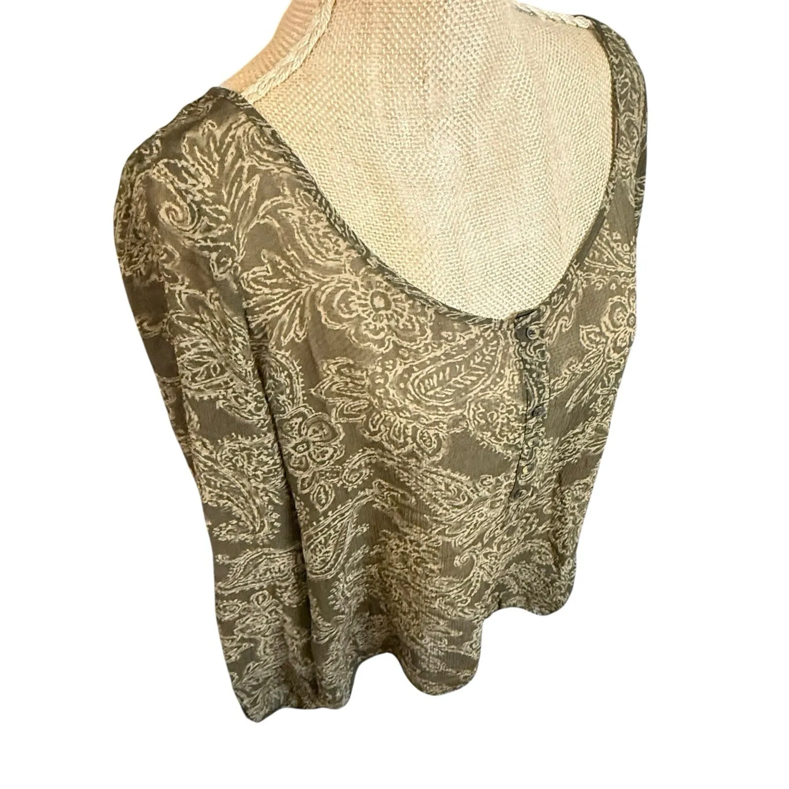 Lauren Ralph‎ Lauren Women Green 100% Silk Paisley Blouse Boho Sheer Boat Neck - Image 4