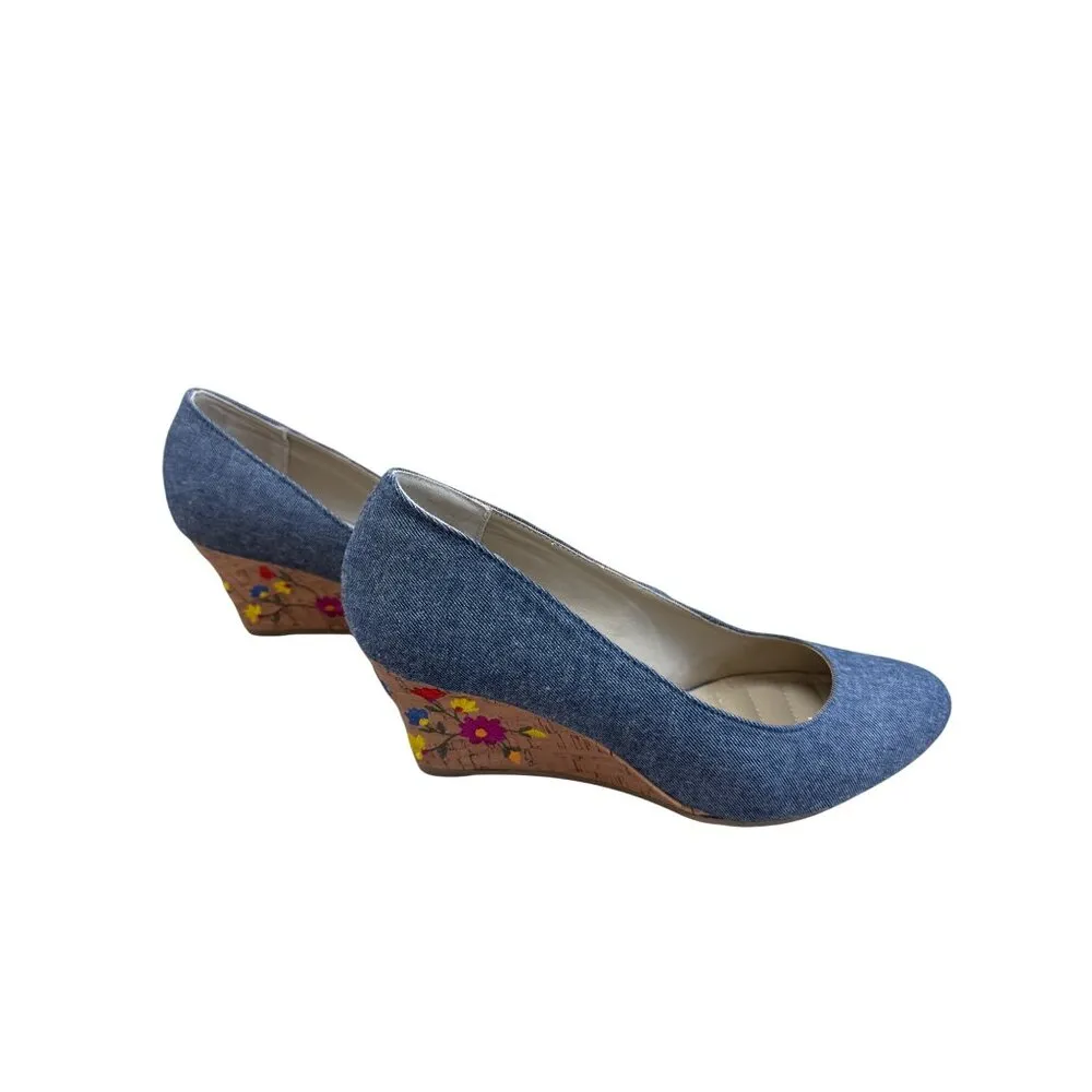 Rialto Womens Blue Denim Floral Cork 3" Wedge Heel Shoes Size 9.5M SKU 8247 - Image 5