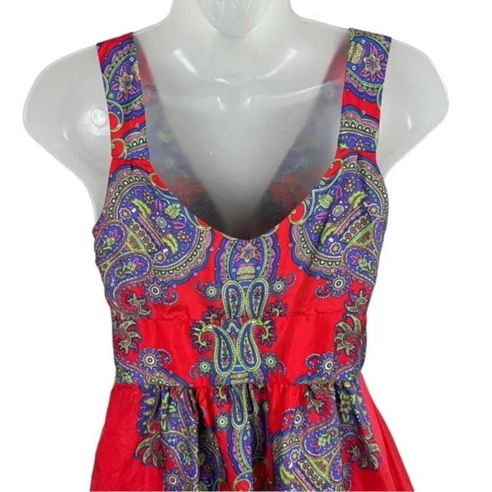 Silk Boho Dress Red Paisley Print Size 2 - Image 8