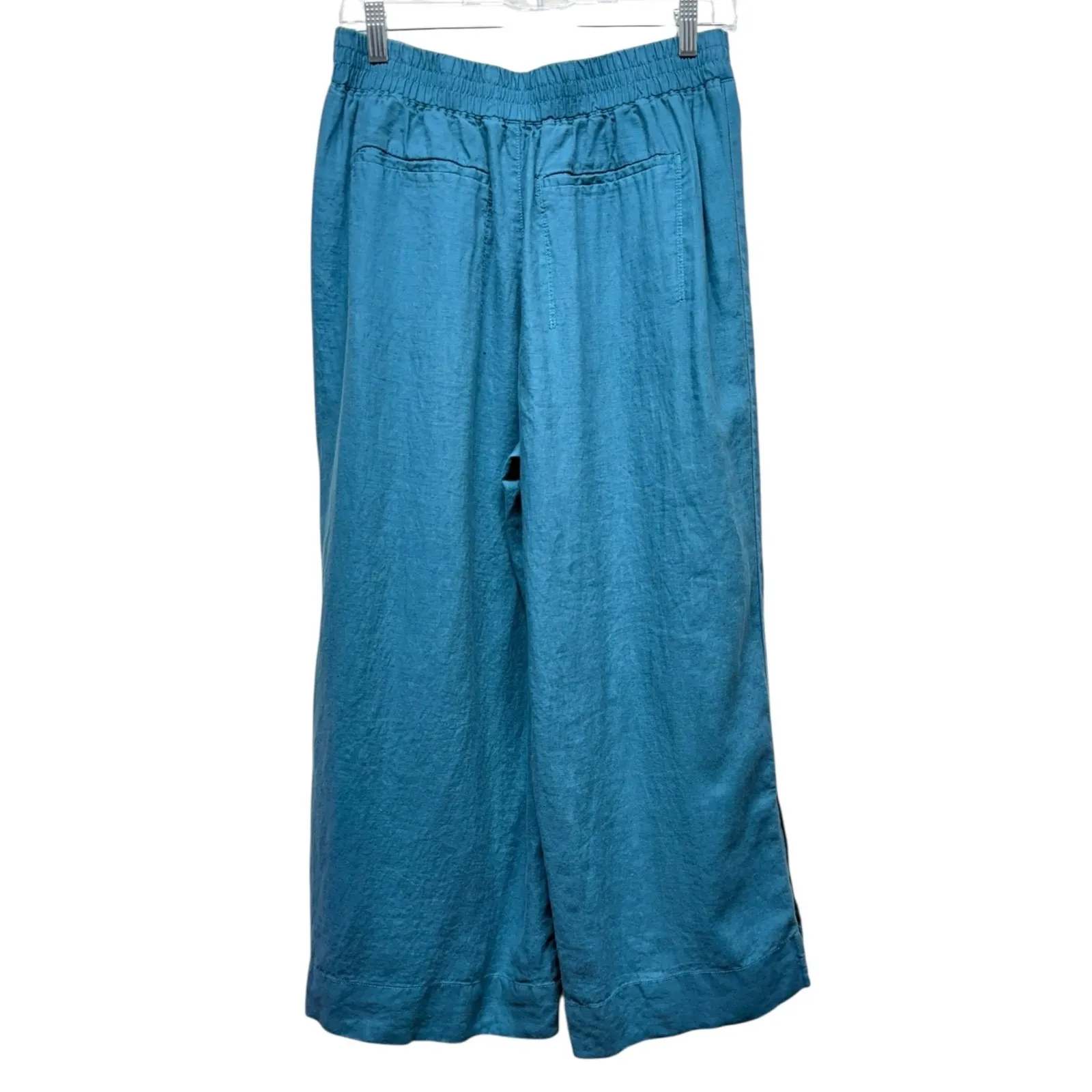 Athleta 100% Linen Playa Wide Leg Crop Pants 8 Teal Blue Split Hem Coastal Beach - Image 2