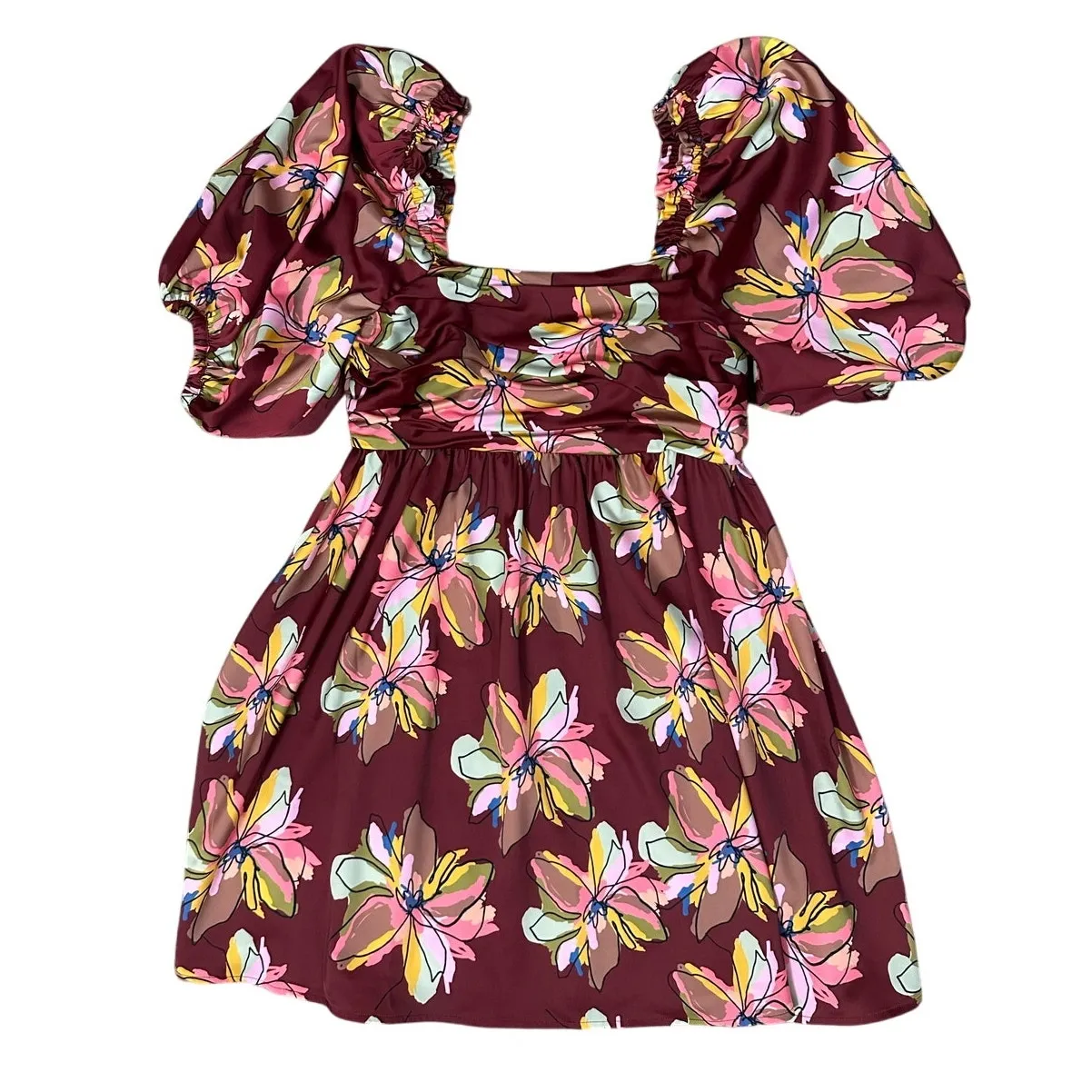 Crosby by Mollie Burch Mini Dress Puff Sleeve Burgundy Floral Babydoll New - Image 5