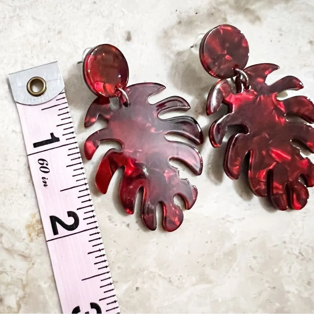 Ruby Monstera Leaf Resin Earrings Red - Image 5