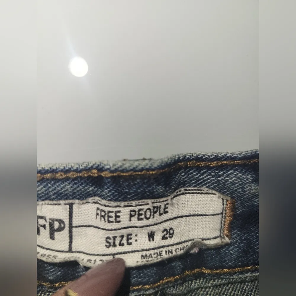 Free People Dark Blue Frayed Jean Shorts - Image 4